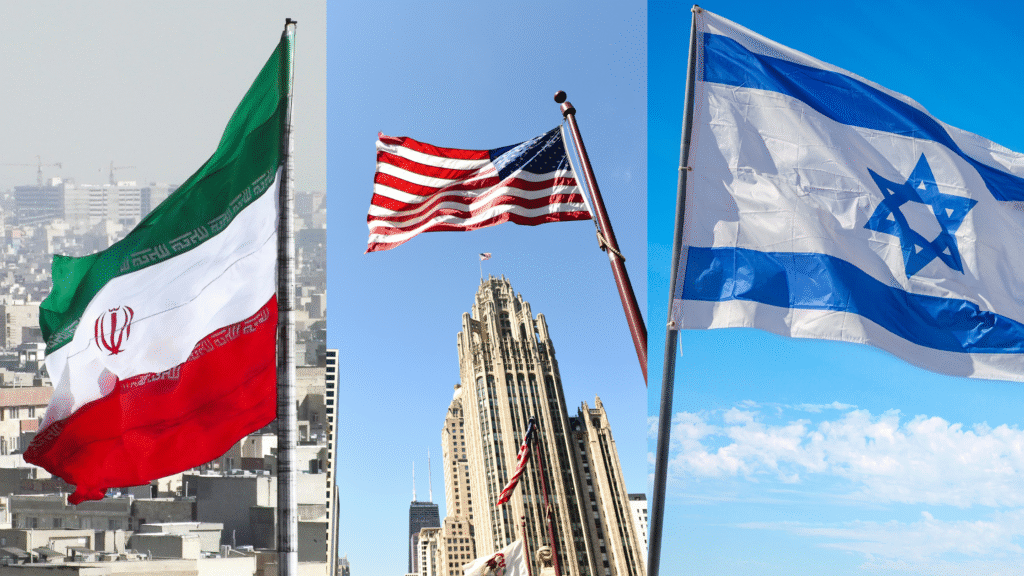 Flags representing Iran Israel and the US in global conflict