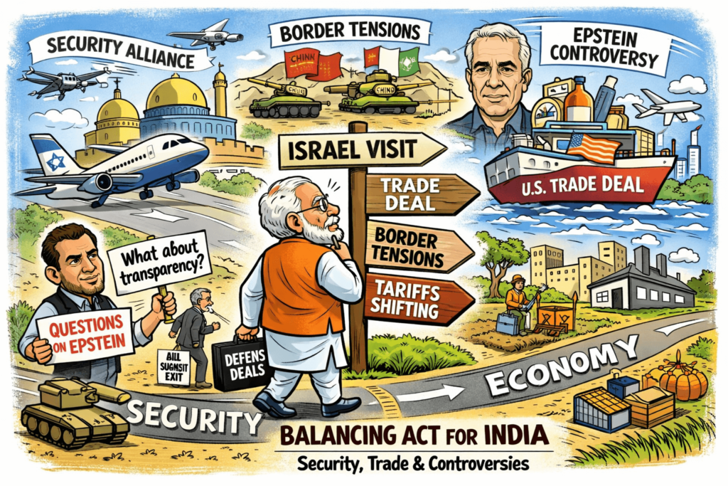 Editorial cartoon illustration of PM Modi's 2026 Israel visit: security alliances, US trade deal, border tensions, Epstein questions, and economic balancing act
