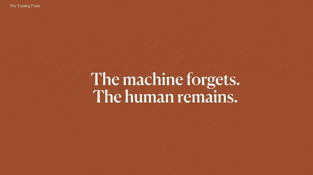 AI model collapse illustrated with the phrase The machine forgets, The human remains on a terracotta background