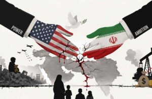 US-Iran armistice illustrated with cracked bleeding hands over fractured Middle East map, symbolizing power, ambition, and the human cost of unfinished war.
